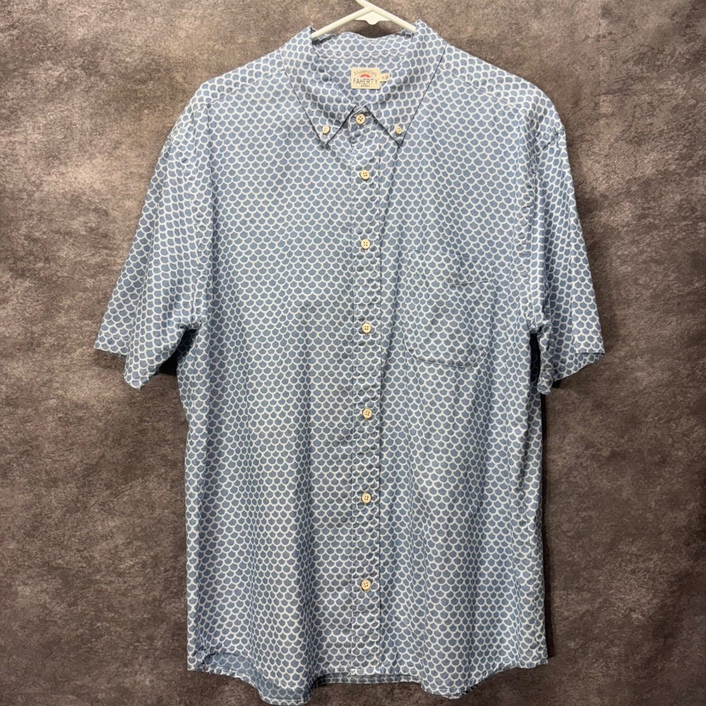 Faherty Playa Button Up Shirt Fish Scale Print Mens Size XL Blue Short Sleeve